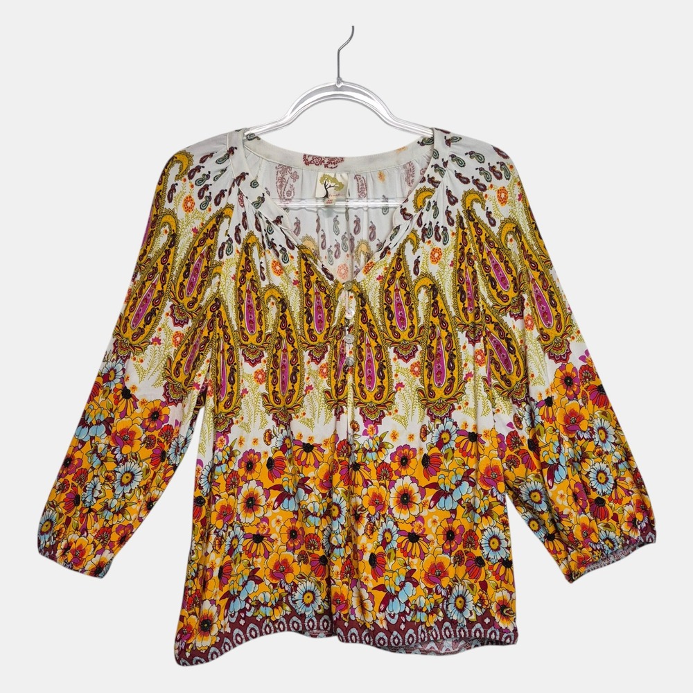 Fig and Flower Womens Paisley Floral Rayon Boho Blouse Yellow Orange Medium